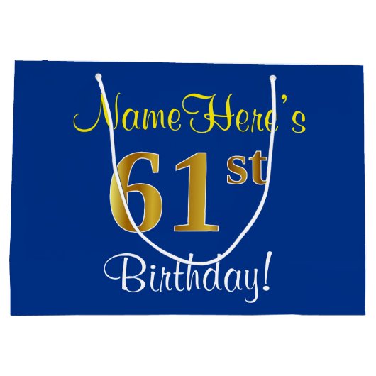 Elegant, blauw, Faux Gold 61st Birthday + naam Groot Cadeauzakje (Achterkant)