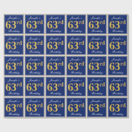 Elegant, blauw, Faux Gold 63rd Birthday + naam Cadeaupapier (Vlak)