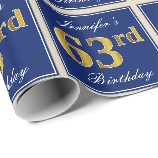 Elegant, blauw, Faux Gold 63rd Birthday + naam Cadeaupapier (Rol Hoek)