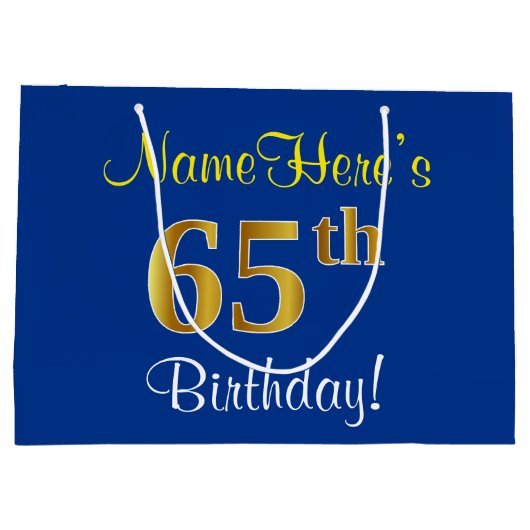Elegant, blauw, Faux Gold 65th Birthday + naam Large Cadeautasje (Achterkant)