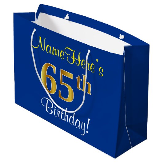 Elegant, blauw, Faux Gold 65th Birthday + naam Large Cadeautasje (Achterkant Gekanteld)