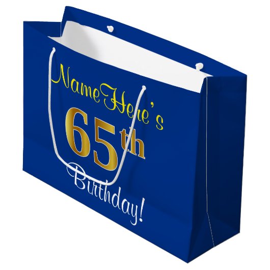 Elegant, blauw, Faux Gold 65th Birthday + naam Large Cadeautasje (Voorkant Gekanteld)