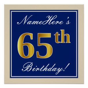 Elegant, blauw, Faux Gold 65th Birthday + naam Perfect Poster