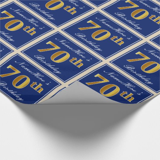 Elegant, blauw, Faux Gold 70th Birthday + naam Cadeaupapier (Hoek)