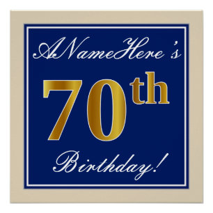 Elegant, blauw, Faux Gold 70th Birthday + naam Perfect Poster