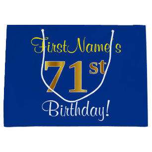 Elegant, blauw, Faux Gold 71st Birthday + naam Large Cadeautasje