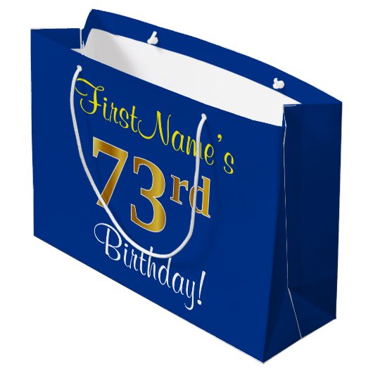 Elegant, blauw, Faux Gold 73rd Birthday + naam Groot Cadeauzakje (Achterkant Gekanteld)