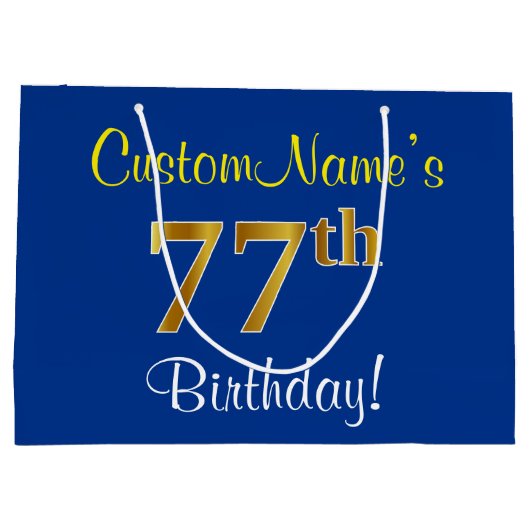 Elegant, blauw, Faux Gold 77th Birthday + naam Large Cadeauzakje (Achterkant)