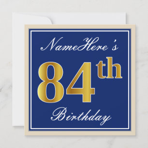 Elegant, blauw, Faux Gold 84th Birthday + naam Kaart