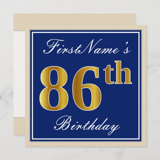 Elegant, blauw, Faux Gold 86th Birthday + naam Kaart (Voorkant / Achterkant)
