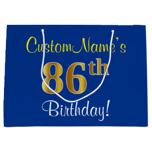 Elegant, blauw, Faux Gold 86th Birthday + naam Large Cadeautasje