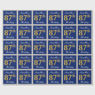 Elegant, blauw, Faux Gold 87th Birthday + naam Cadeaupapier