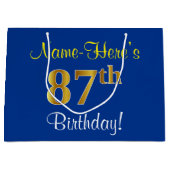 Elegant, blauw, Faux Gold 87th Birthday + naam Groot Cadeauzakje (Voorkant)