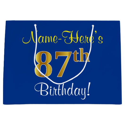 Elegant, blauw, Faux Gold 87th Birthday + naam Groot Cadeauzakje (Voorkant)