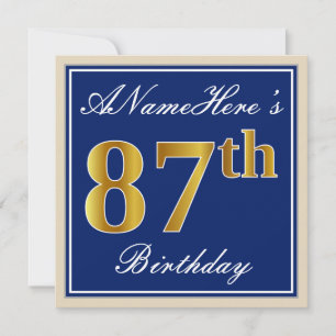 Elegant, blauw, Faux Gold 87th Birthday + naam Kaart