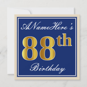 Elegant, blauw, Faux Gold 88th Birthday + naam Kaart