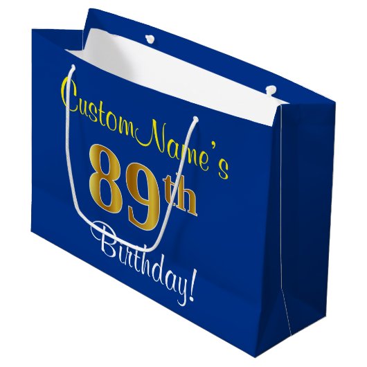 Elegant, blauw, Faux Gold 89th Birthday + naam Large Cadeautasje (Voorkant Gekanteld)