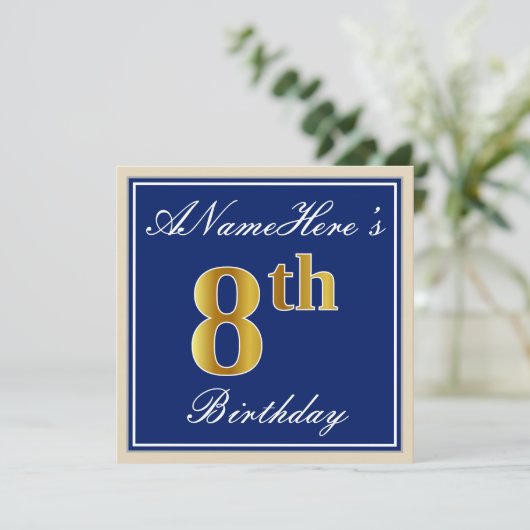 Elegant, blauw, Faux Gold 8th Birthday; aangepaste Kaart (Staand voorkant)