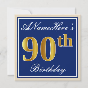 Elegant, blauw, Faux Gold 90th Birthday + naam Kaart