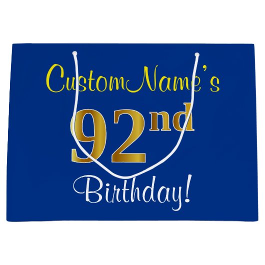 Elegant, blauw, Faux Gold 92e verjaardag + naam Large Cadeauzakje (Voorkant)