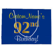 Elegant, blauw, Faux Gold 92e verjaardag + naam Large Cadeauzakje (Achterkant)