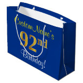 Elegant, blauw, Faux Gold 92e verjaardag + naam Large Cadeauzakje (Achterkant Gekanteld)