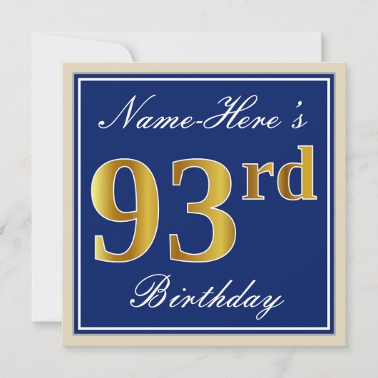 Elegant, blauw, Faux Gold 93rd Birthday + naam Kaart (Voorkant)