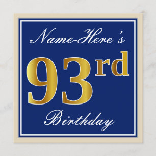 Elegant, blauw, Faux Gold 93rd Birthday + naam Kaart