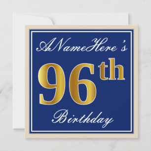 Elegant, blauw, Faux Gold 96th Birthday + naam Kaart