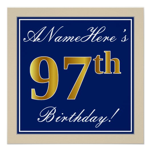 Elegant, blauw, Faux Gold 97th Birthday + naam Perfect Poster (Voorkant)