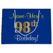 Elegant, blauw, Faux Gold 98th Birthday + naam Groot Cadeauzakje (Voorkant)