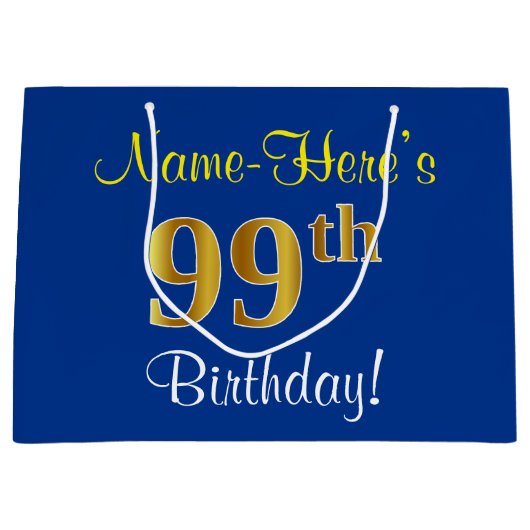 Elegant, blauw, Faux Gold 99th Birthday + naam Large Cadeauzakje (Voorkant)