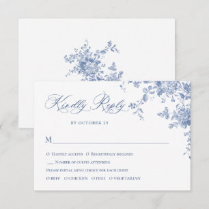 Elegant Blauw Frans Rozen Tuin Toile Bruiloft RSVP Kaartje
