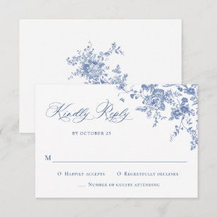 Elegant Blauw Frans Rozen Tuin Toile Bruiloft RSVP Kaartje