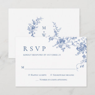 Elegant Blauw Frans Rozen Tuin Toile Bruiloft RSVP Kaartje