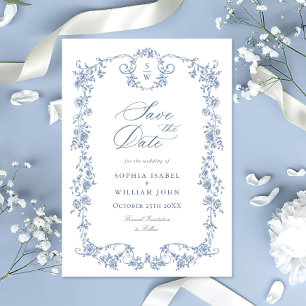 Elegant Blauw Frans Toile Bloemenbruiloft Save The Date