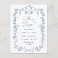 Elegant Blauw Frans Toile Bruiloft Save the Date