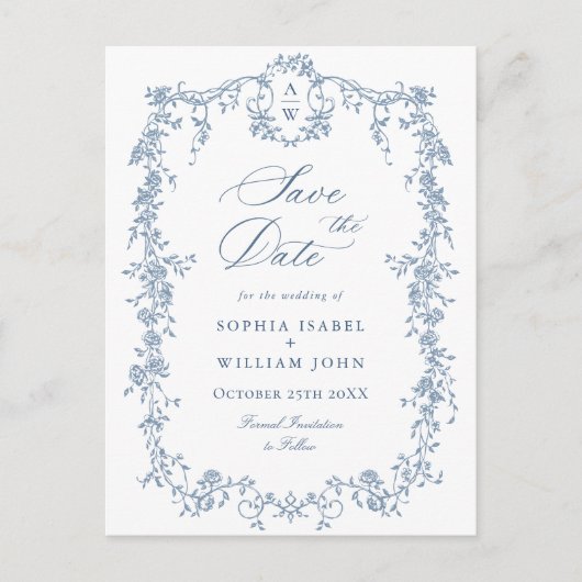 Elegant Blauw Frans Toile Bruiloft Save the Date Briefkaart (Voorkant)