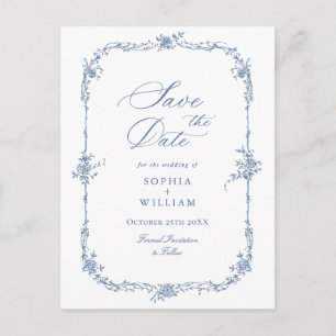 Elegant Blauw Frans Toile Bruiloft Save the Date Briefkaart