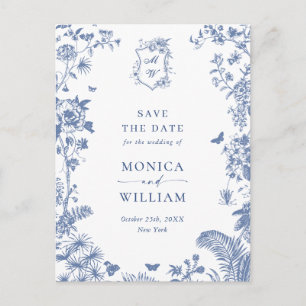 Elegant Blauw Frans Toile Bruiloft Save the Date Briefkaart