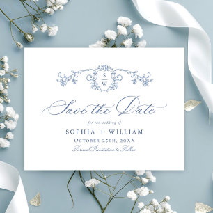 Elegant Blauw Frans Toile Bruiloft Save the Date Briefkaart