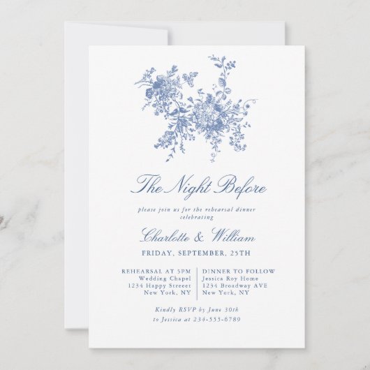 Elegant Blauw Frans Toile Tuin repetitie diner Kaart (Voorkant)