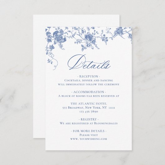 Elegant Blauw Frans Tuin Bloemen Bruiloft Details Informatiekaartje (Voorkant / Achterkant)