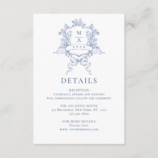 Elegant Blauw Frans Tuin Bloemen Bruiloft Details Informatiekaartje (Voorkant)
