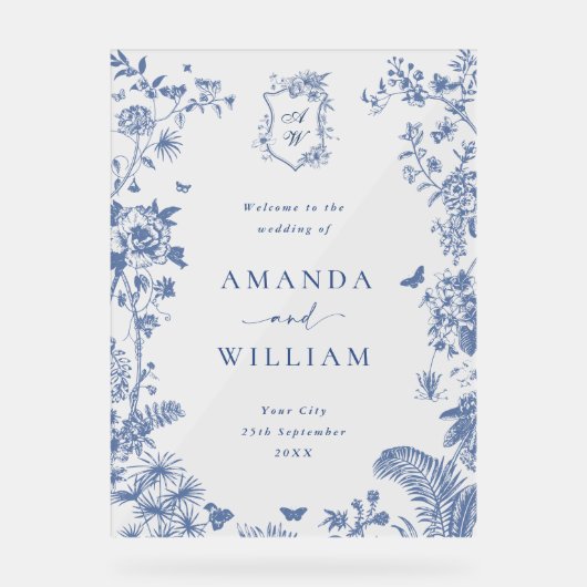 Elegant Blauw Frans Tuin Bloemen Bruiloft Welkom Acryl Bord (Voorkant)