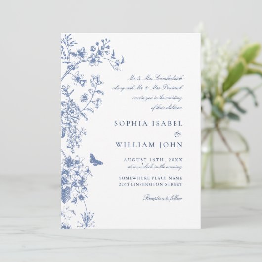 Elegant Blauw Frans Tuin Huwelijk QR code Kaart (Staand voorkant)