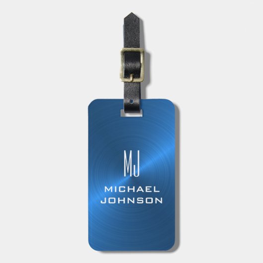 Elegant blauw geborsteld metallisch monogrammatisc bagagelabel (Voorkant verticaal)