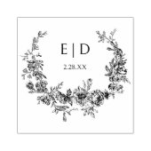 Elegant Blauw Gegraveerd Bloemkrans w/Monogram Rubberstempel (Afrduk)