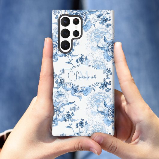 Elegant blauw gegraveerd bloemnaam/monogram samsung galaxy hoesje