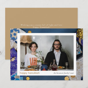 Elegant Blauw Gelukkig Chanoeka Familie 1 Foto Feestdagenkaart